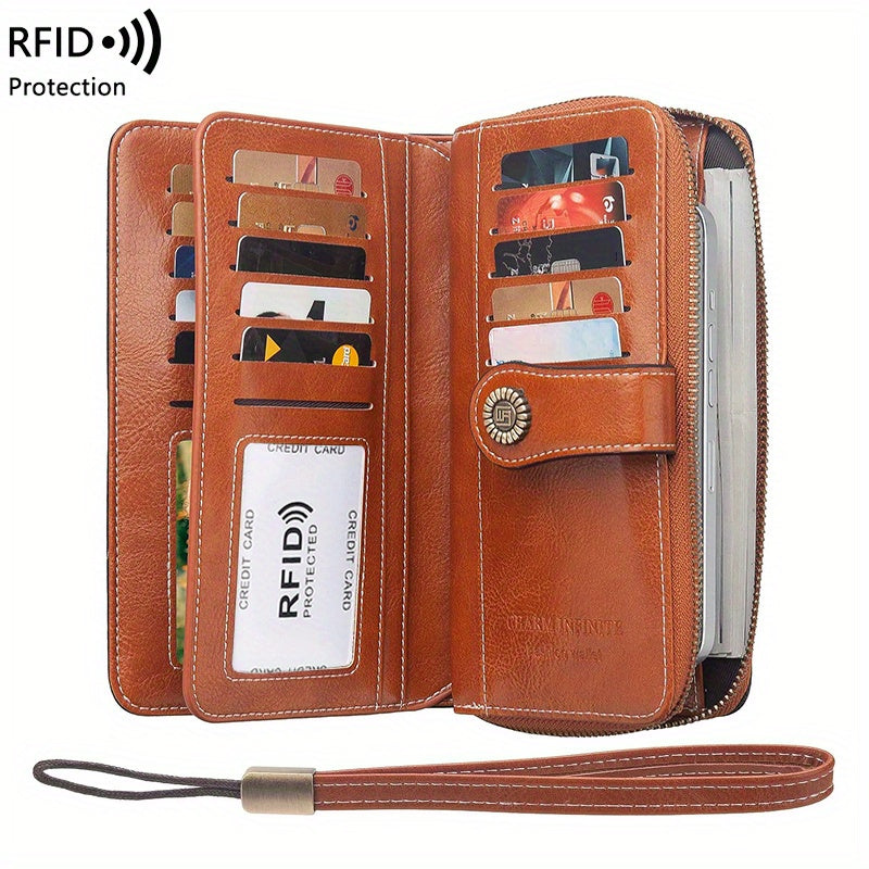 RFID Retro Large Capacity Long Wallet Multi-Functional Zipper Wallet with Wrist Strap