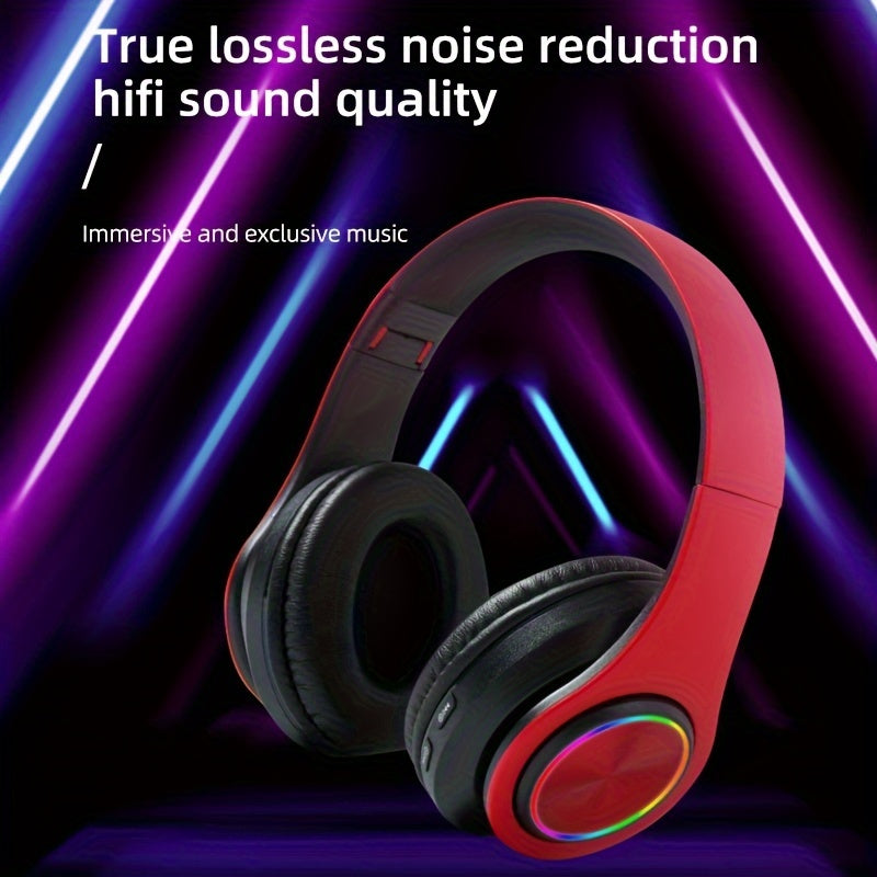 Light Emitting Wireless Headphones, Colorful LED Lights, Comfort Over Ear Foldable Headset with Built-in Microphone, FM, SD Card Slot, Wired for School/Tablet Computer/PC/TV/Cellphones/Travel