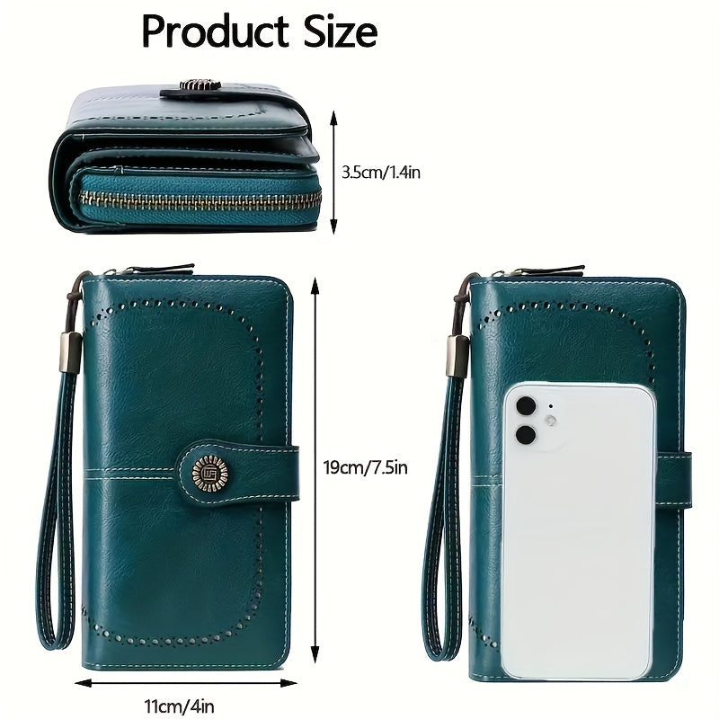 RFID Retro Large Capacity Long Wallet Multi-Functional Zipper Wallet with Wrist Strap