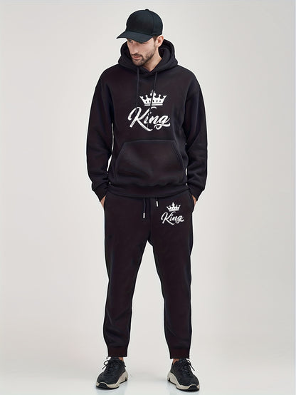 King With The Crown Graphic Print, Men's 2Pcs Outfits, Casual Hoodies Long Sleeve Pullover Hooded Sweatshirt And Sweatpants Joggers Set, Men's Clothing