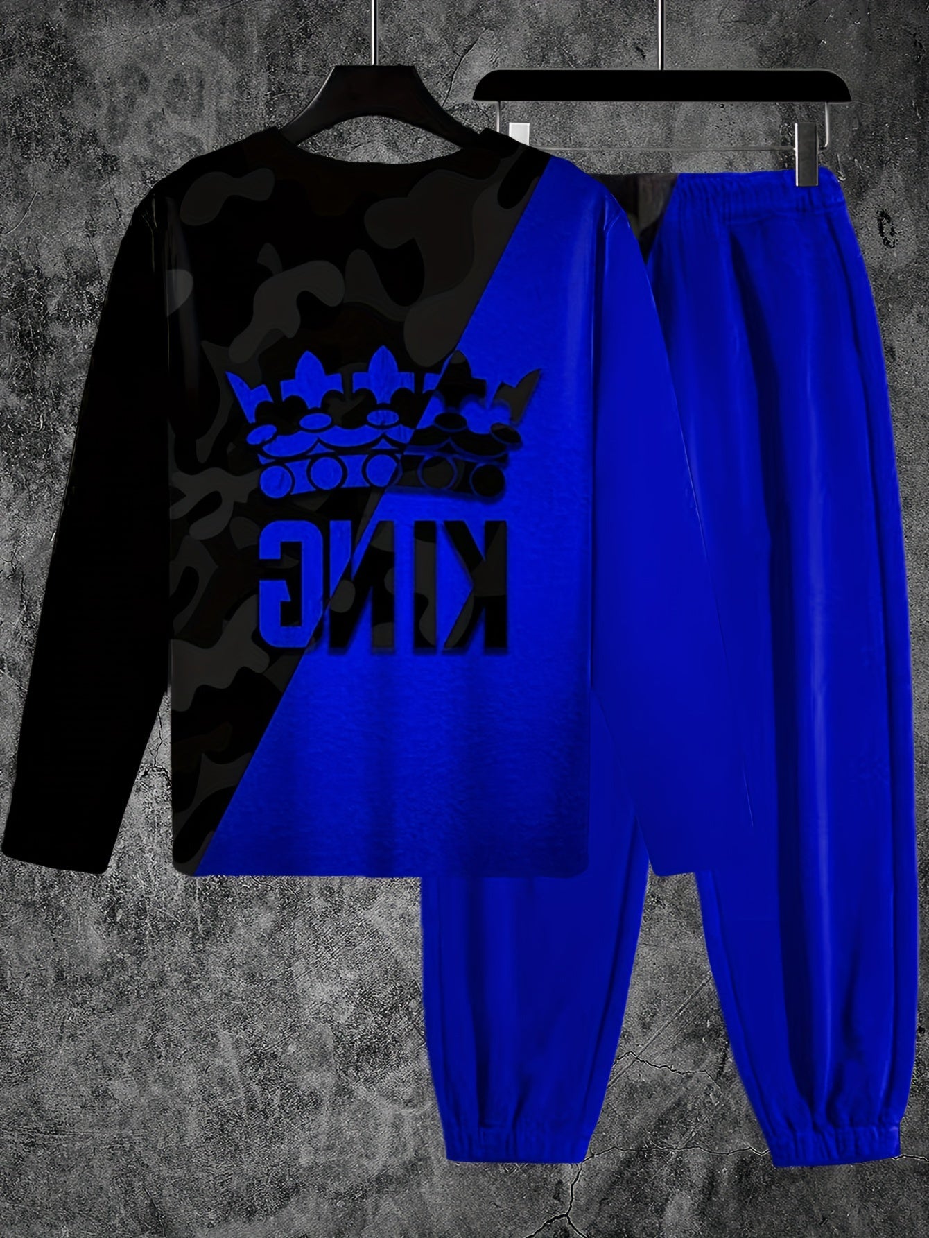 KING Crown Print, Men's Color Block 2pcs, Casual Loose Comfy Sweatshirt And Drawstring Waist Sweatpants Set