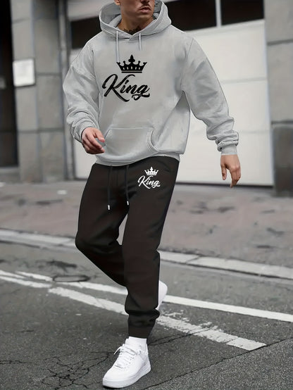 King With The Crown Graphic Print, Men's 2Pcs Outfits, Casual Hoodies Long Sleeve Pullover Hooded Sweatshirt And Sweatpants Joggers Set, Men's Clothing