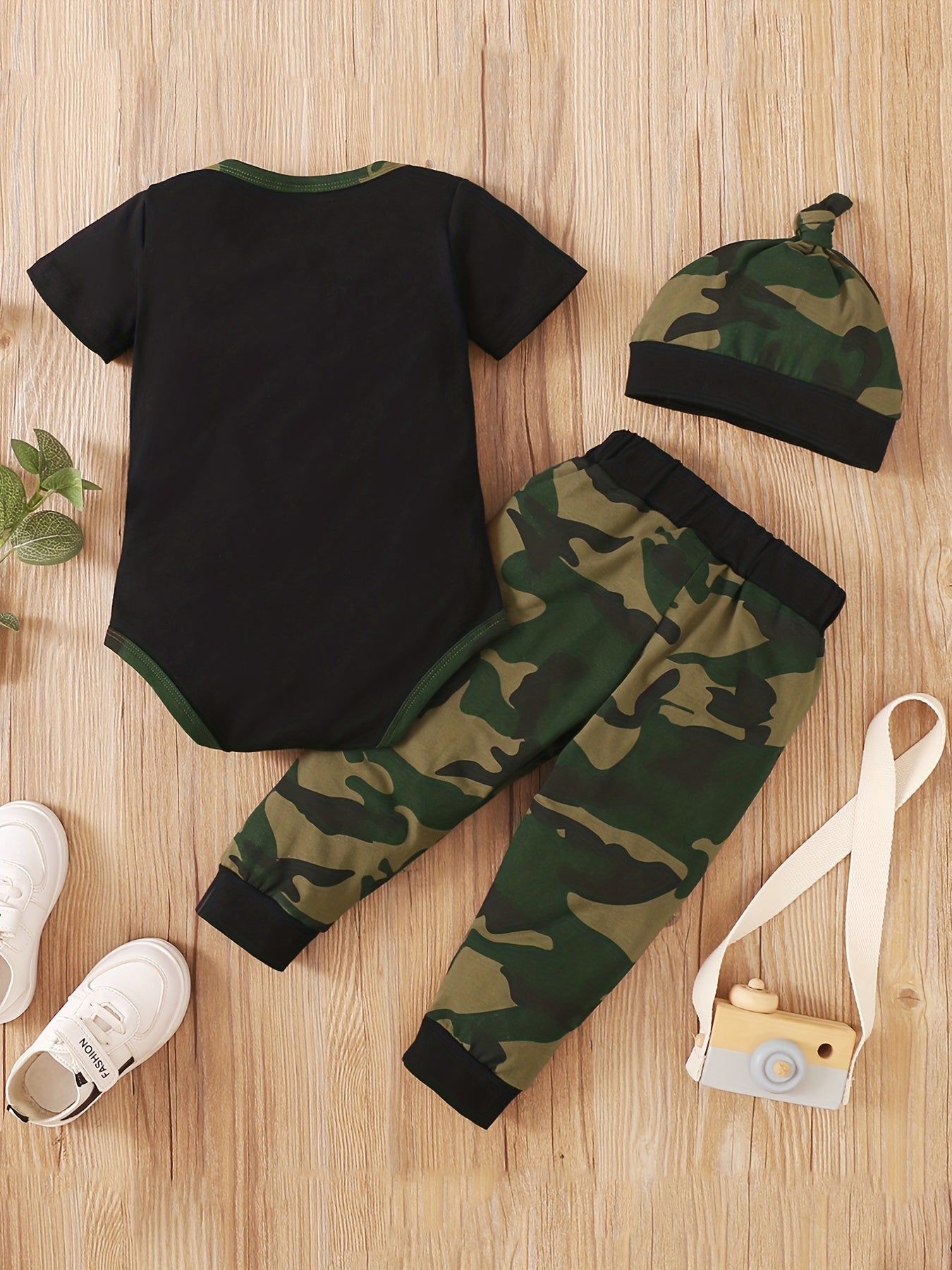 2pcs Baby Boy's Creative Slogan Print Outfit, Short Sleeve Bodysuit & Hat & Camouflage Pattern Pants Set, Baby's Clothing, As Gift