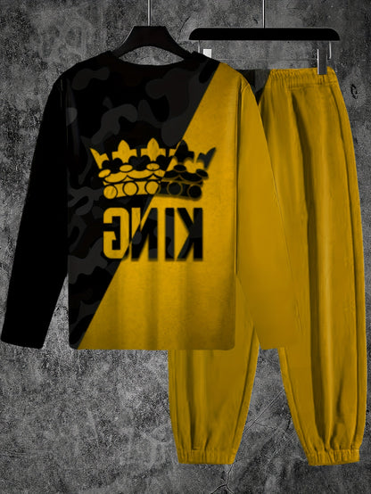 KING Crown Print, Men's Color Block 2pcs, Casual Loose Comfy Sweatshirt And Drawstring Waist Sweatpants Set