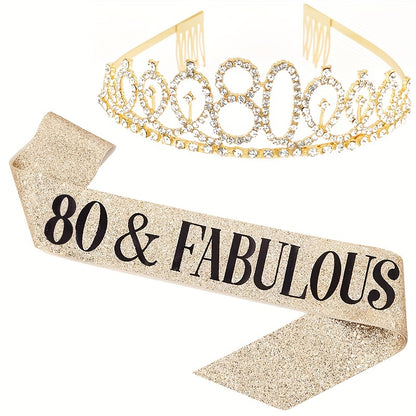 2pcs Birthday Party Accessories Set, 10/13/18/21/30/40/50/60/70/80 Years Old, Birthday Party Rhinestone Headband And Sasha