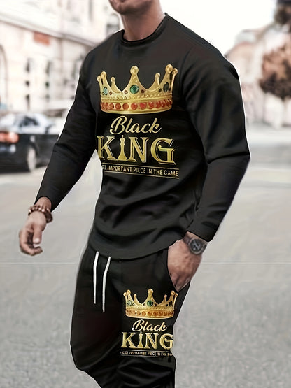 Plus Size Men's "King" & Crown Print Sweatshirt & Sweatpants Set For Fall Winter, Men's Clothing