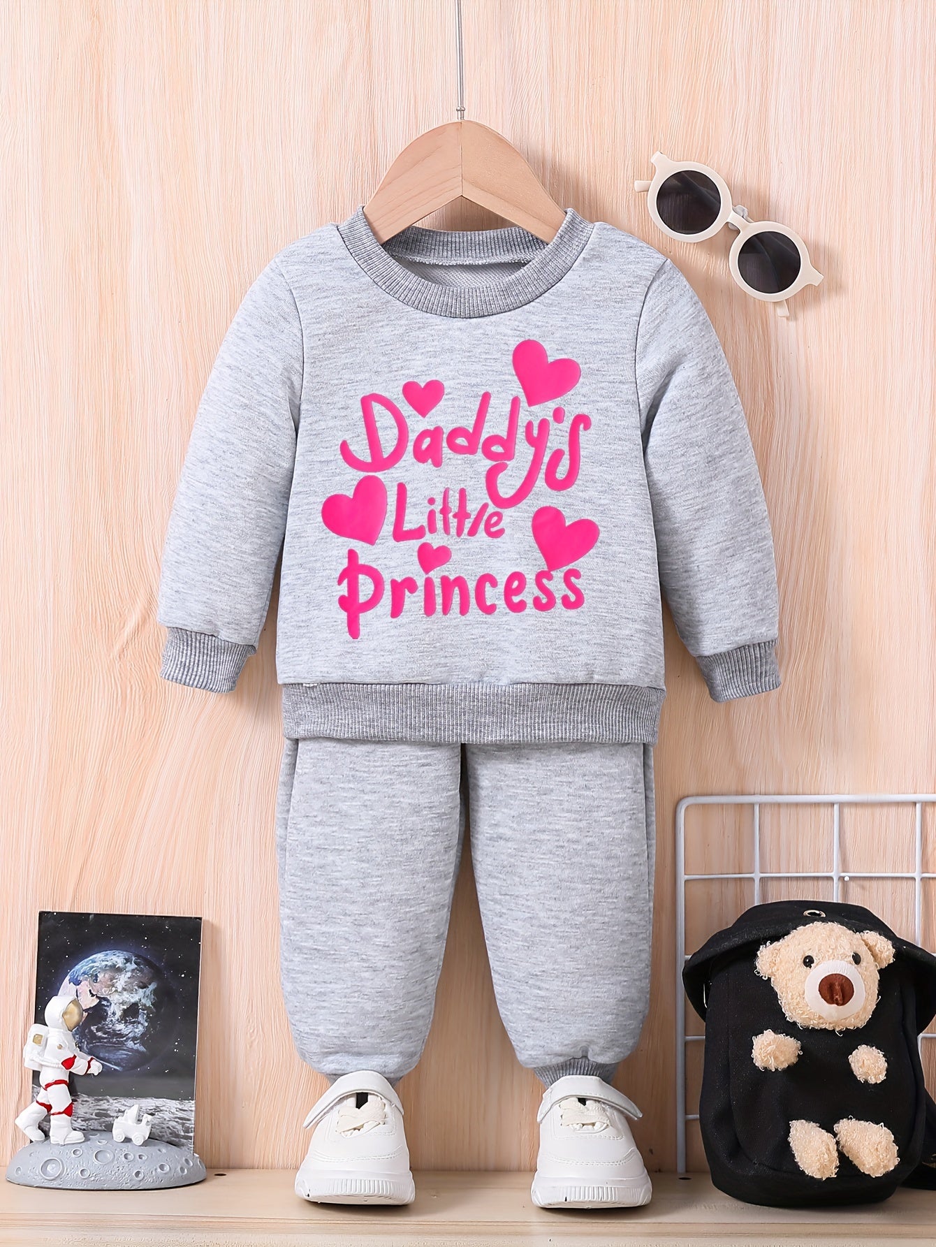 Baby Cute DADDY'S LITTLE PRINCESS, Letter Print Casual Outfit, Long Sleeve Sweatshirt Trousers Set