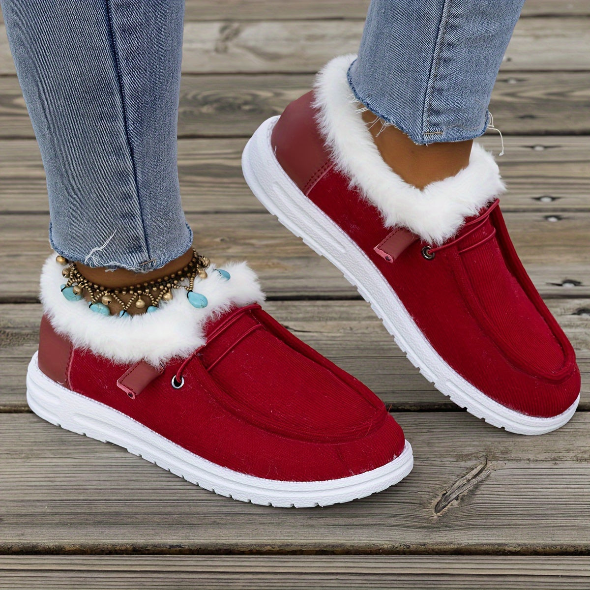 Women's Plush Lined Sneakers, Round Toe Slip On Low Top Flat Shoes, Winter Warm Outdoor Shoes