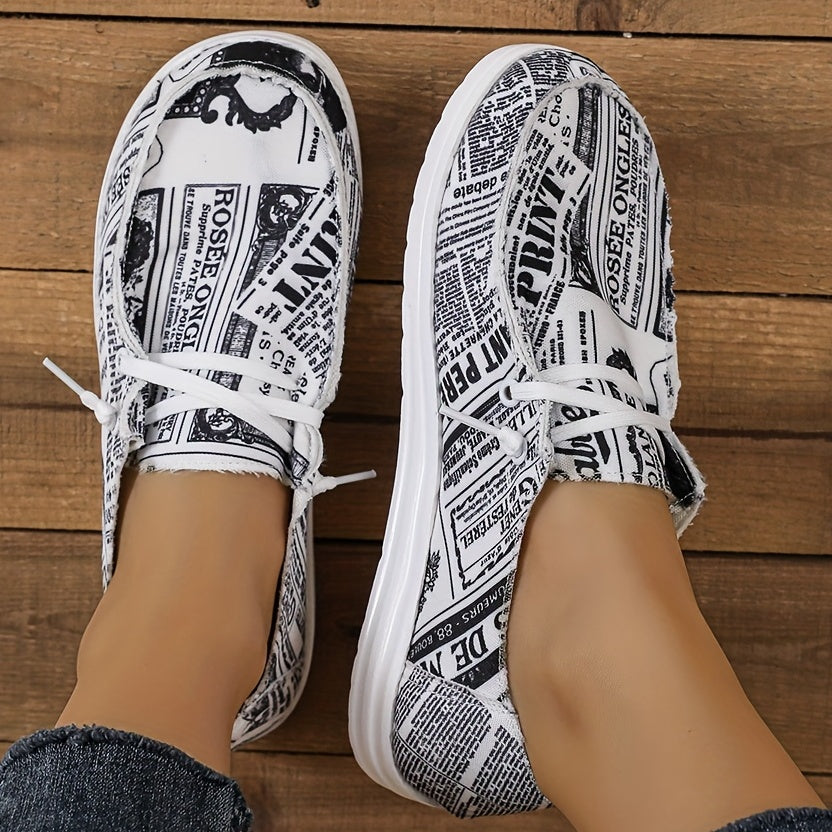 Women's Fashion Canvas Shoes, Newspaper Print Low Top Slip On Loafers, Casual Lightweight Walking Shoes