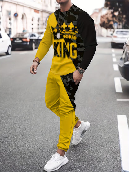 KING Crown Print, Men's Color Block 2pcs, Casual Loose Comfy Sweatshirt And Drawstring Waist Sweatpants Set