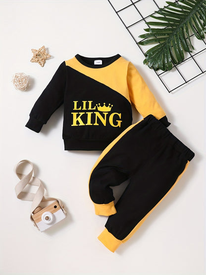 Baby Boys Trendy Contrast Color "LIL KING" Print Pullover Long Sleeve Sweatshirt & Pants Set, Kids Casual Clothes For Your Little One