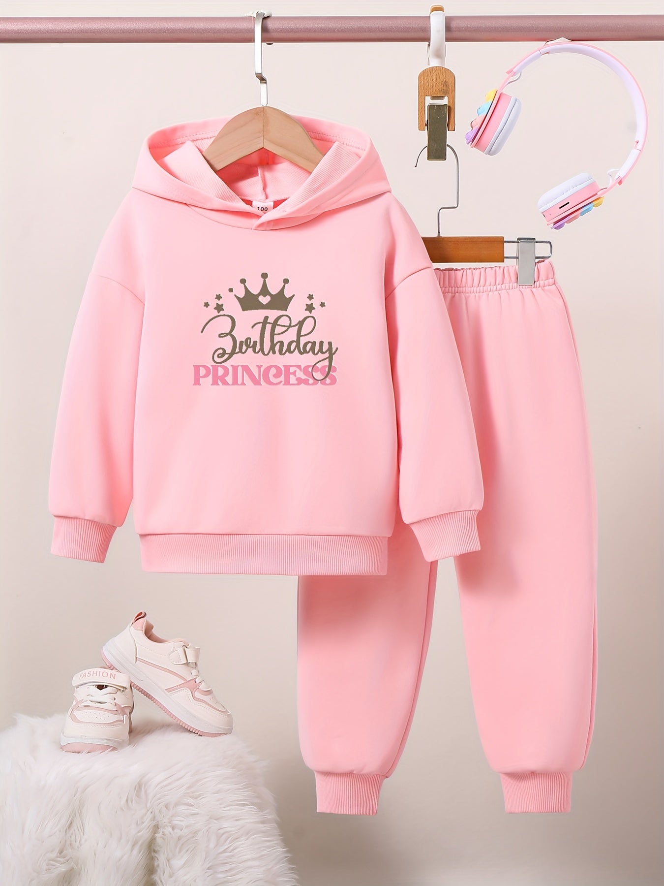 2pcs Cute BIRTHDAY PRINCESS Graphic Hoodie Trousers Set, Toddler Casual Outfit Clothes