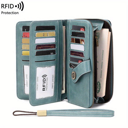 RFID Retro Large Capacity Long Wallet Multi-Functional Zipper Wallet with Wrist Strap