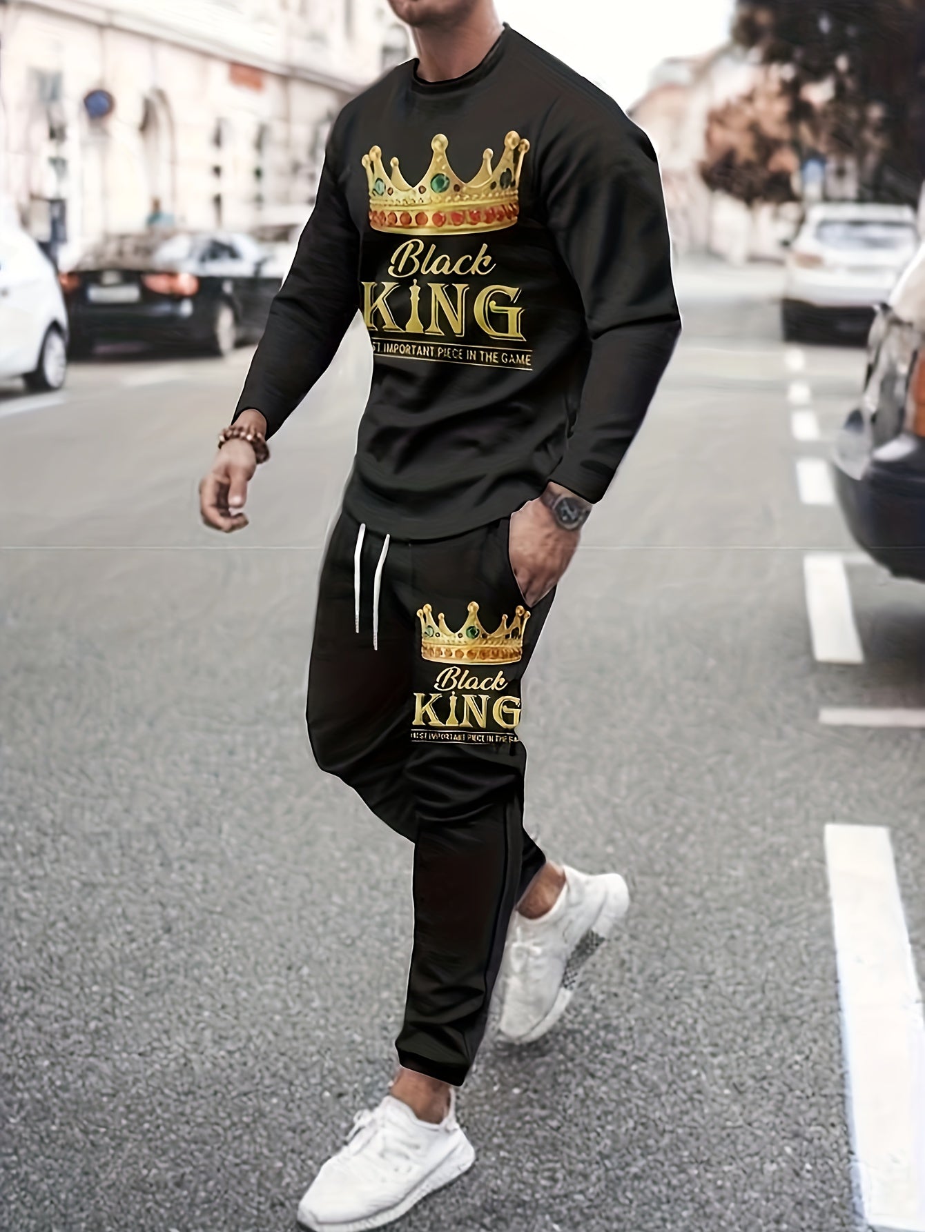 Plus Size Men's "King" & Crown Print Sweatshirt & Sweatpants Set For Fall Winter, Men's Clothing