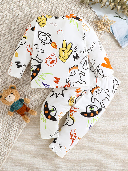 Toddler Baby Boy's Stylish Bear Cute Animal Letter Graffiti Print Outfits - Kid's Sweatshirt Pants Set For Spring And Autumn