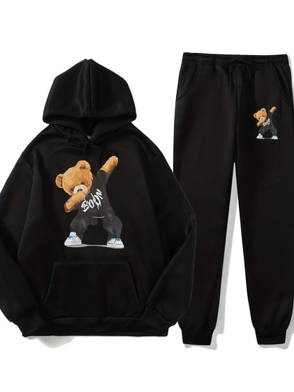 Stylish Teddy Bear Print, Men's 2Pcs Outfits, Casual Hoodies, Long Sleeve Pullover Hooded Sweatshirt and Sweatpants Joggers Set, Men's Clothing