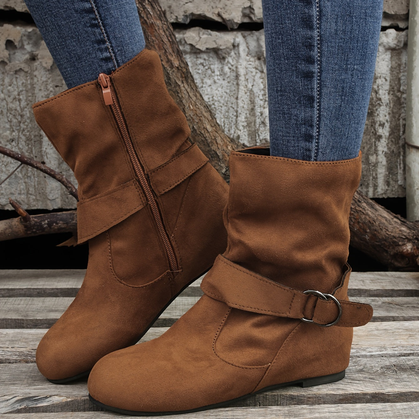 Women's Solid Color Ankle Boots, Round Toe Buckle Belt Side Zipper Boots, Comfortable Outdoor Shoes