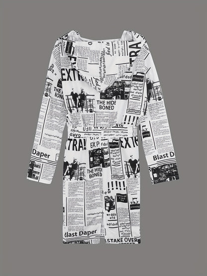 Newspaper Print Dress, Casual Hooded Long Sleeve Drawstring Dress, Women's Clothing