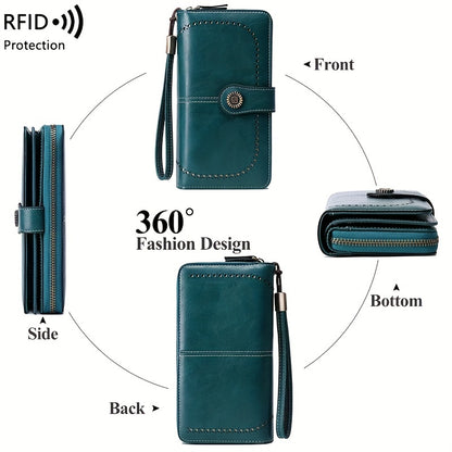 RFID Retro Large Capacity Long Wallet Multi-Functional Zipper Wallet with Wrist Strap