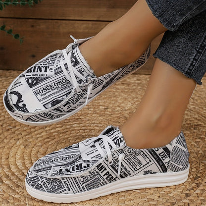 Women's Fashion Canvas Shoes, Newspaper Print Low Top Slip On Loafers, Casual Lightweight Walking Shoes