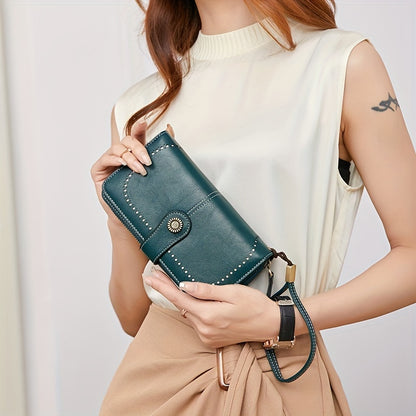 RFID Retro Large Capacity Long Wallet Multi-Functional Zipper Wallet with Wrist Strap