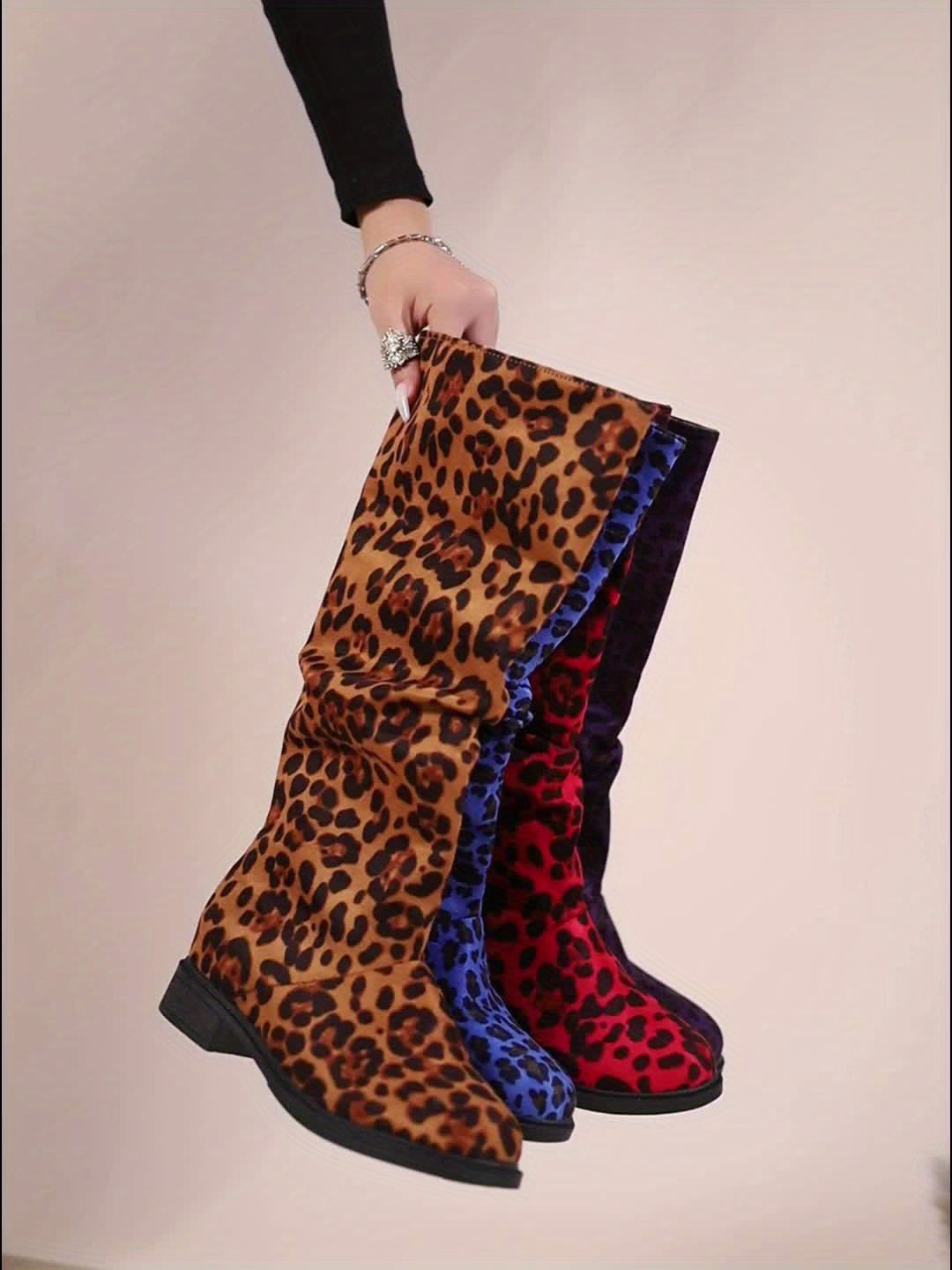 Women's Leopard Print Mid Calf Boots, Fashion Round Toe Pull On Shoes, Comfortable Chunky Low Heeled Boots