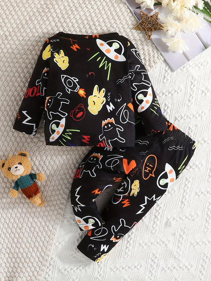 Toddler Baby Boy's Stylish Bear Cute Animal Letter Graffiti Print Outfits - Kid's Sweatshirt Pants Set For Spring And Autumn