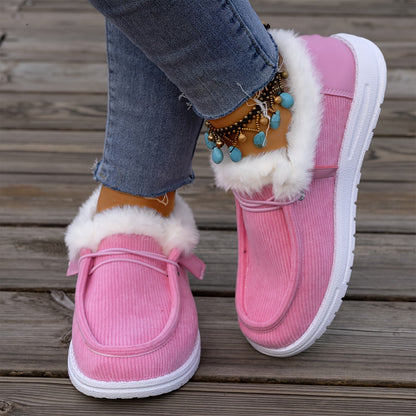 Women's Plush Lined Sneakers, Round Toe Slip On Low Top Flat Shoes, Winter Warm Outdoor Shoes