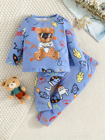 Toddler Baby Boy's Stylish Bear Cute Animal Letter Graffiti Print Outfits - Kid's Sweatshirt Pants Set For Spring And Autumn