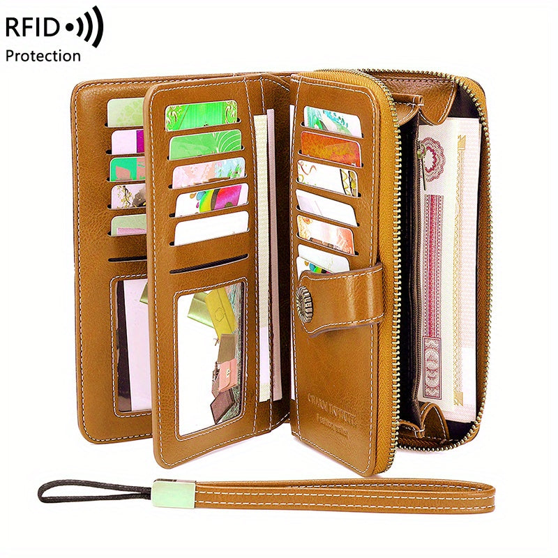 RFID Retro Large Capacity Long Wallet Multi-Functional Zipper Wallet with Wrist Strap