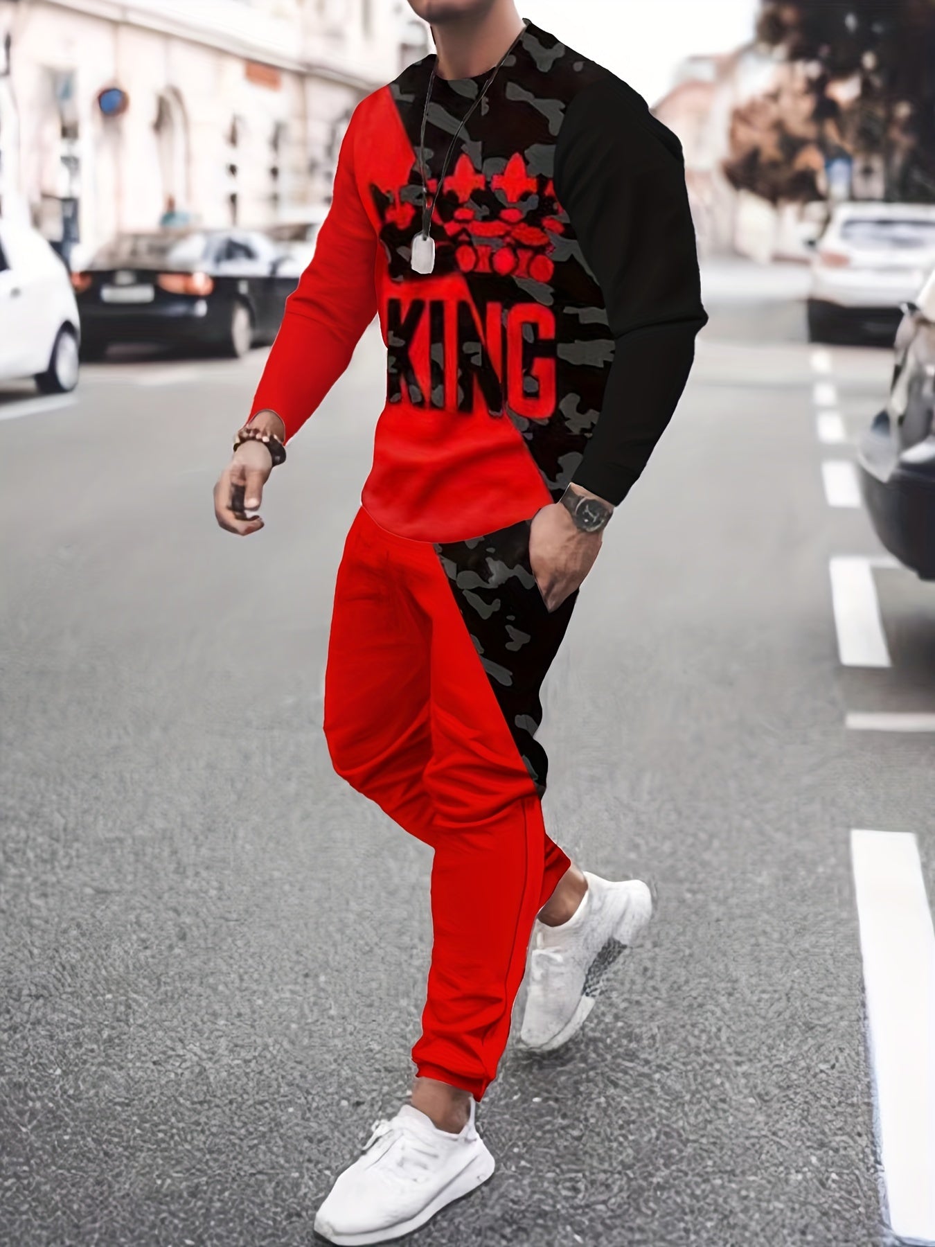 KING Crown Print, Men's Color Block 2pcs, Casual Loose Comfy Sweatshirt And Drawstring Waist Sweatpants Set