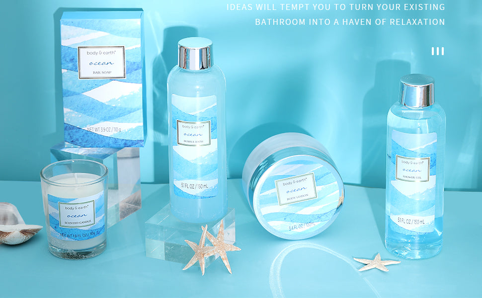 7 Pcs Ocean Scent Body & Earth Spa Gift Baskets for Women