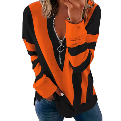 Temperament Chest Zipper V Printed Long Sleeve T-shirt