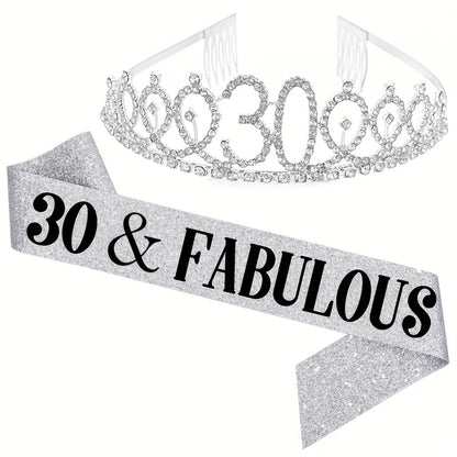 2pcs Birthday Party Accessories Set, 10/13/18/21/30/40/50/60/70/80 Years Old, Birthday Party Rhinestone Headband And Sasha