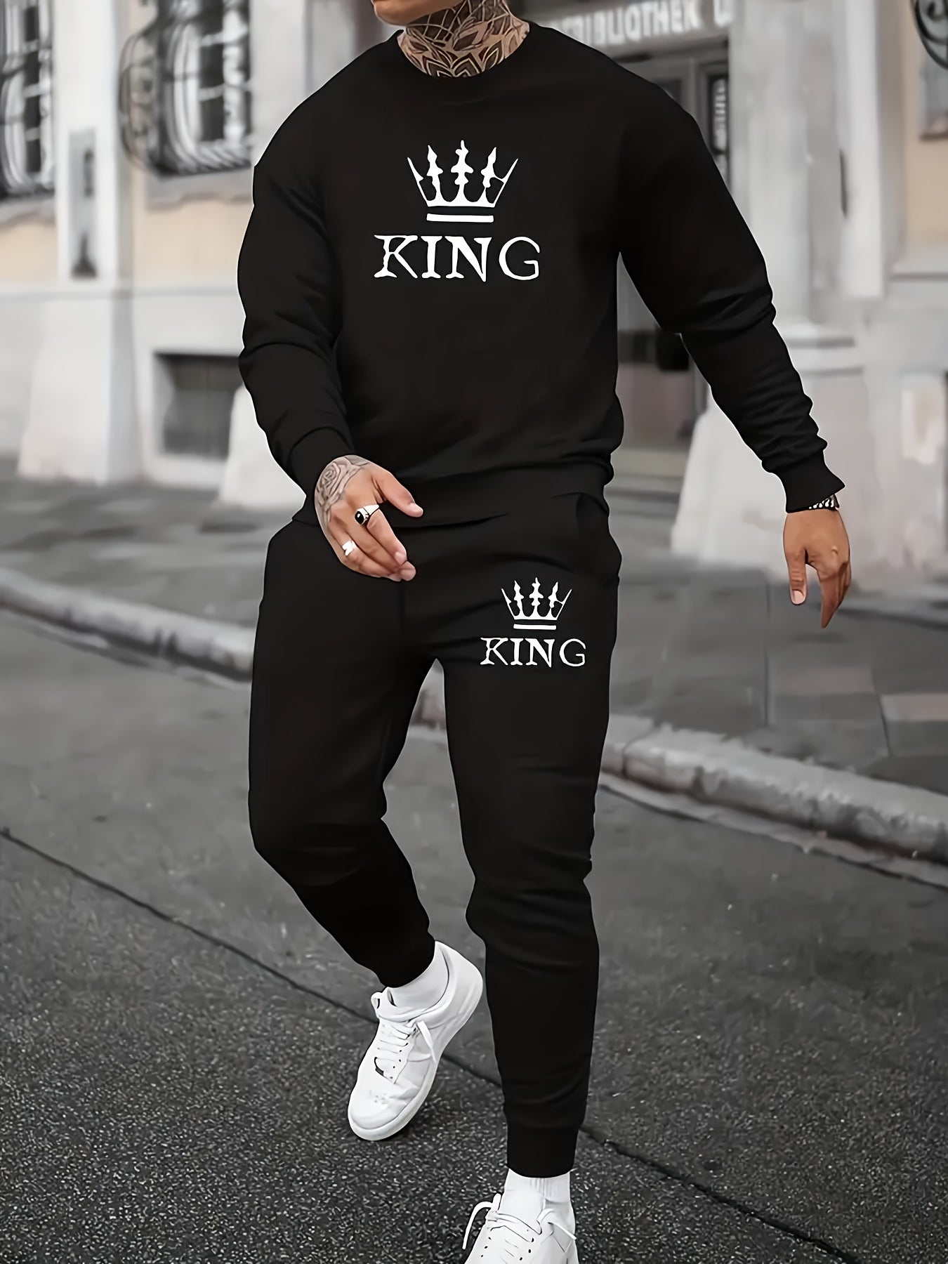 2pcs Men's King Crown Print Pullover Sweatshirt & Pants, Men's Clothing