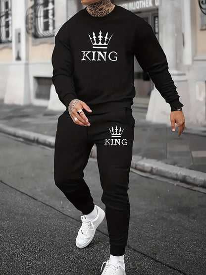 2pcs Men's King Crown Print Pullover Sweatshirt & Pants, Men's Clothing