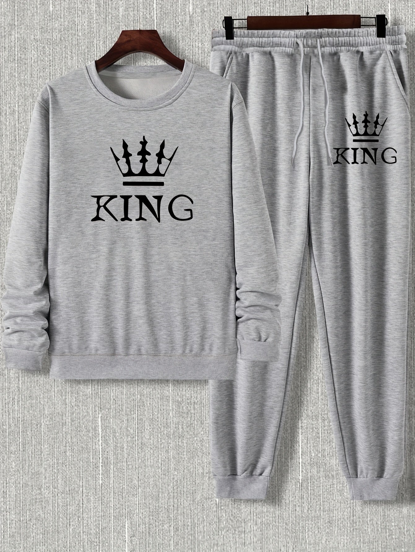 2pcs Men's King Crown Print Pullover Sweatshirt & Pants, Men's Clothing