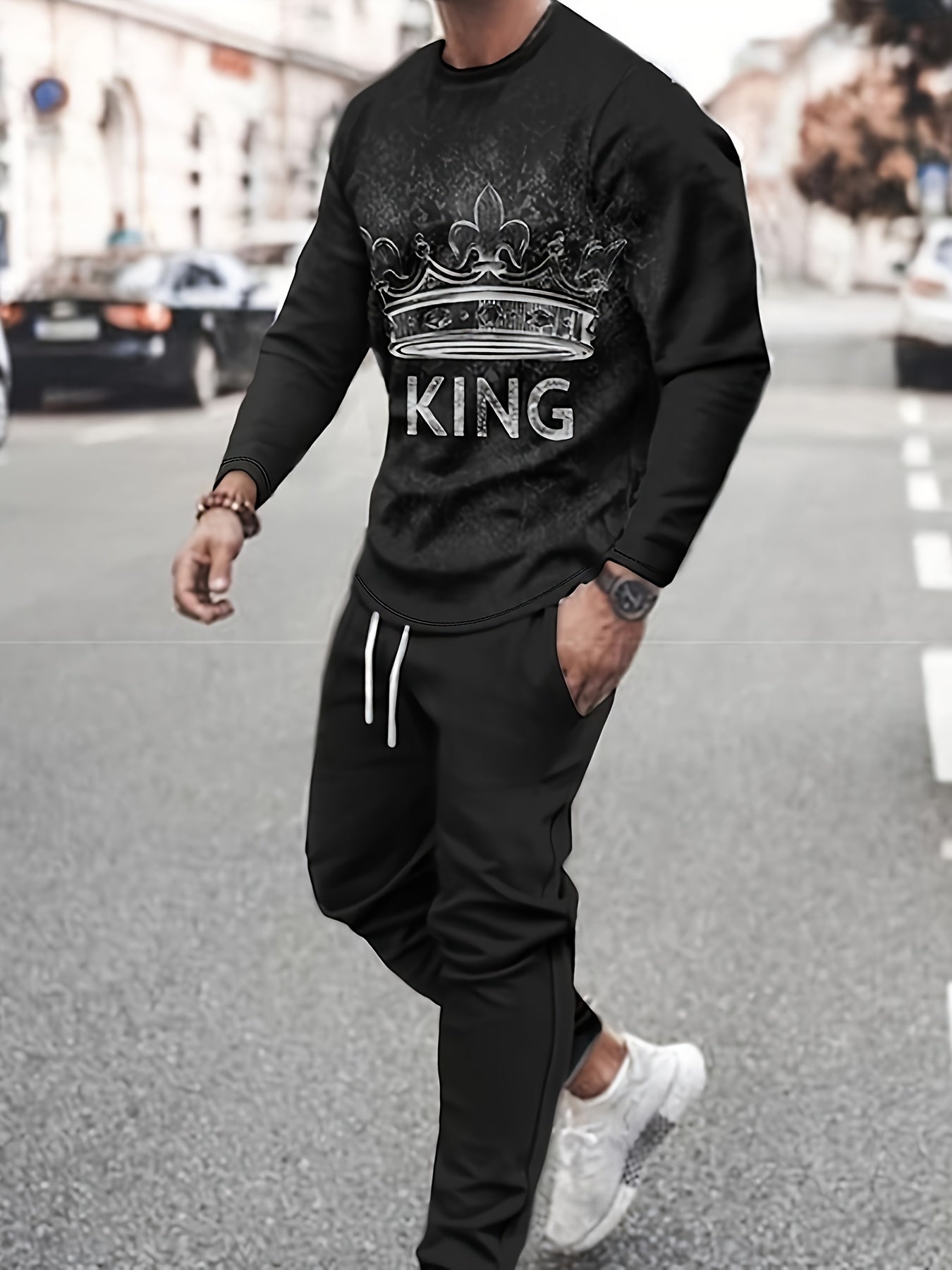 KING Pattern Men's 2Pcs Outfits, Casual Crew Neck Long Sleeve T-shirt And Drawstring Sweatpants Joggers Set, Men's Clothing