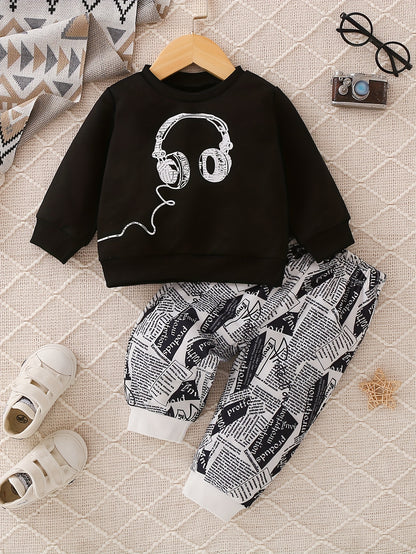 Baby Boys Trendy Newspaper Graffiti Print Outfits, Kids Earphone Print Sweatshirt Pants Set