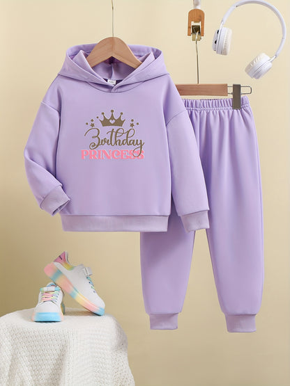 2pcs Cute BIRTHDAY PRINCESS Graphic Hoodie Trousers Set, Toddler Casual Outfit Clothes