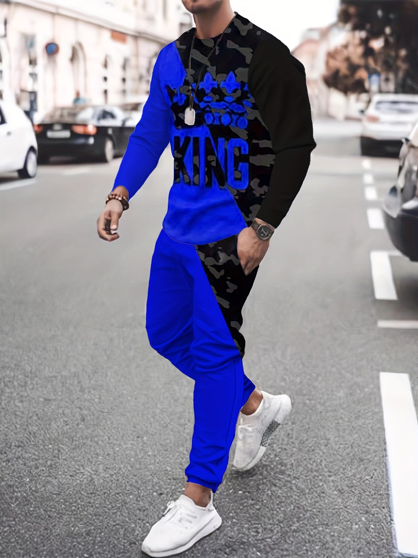 KING Crown Print, Men's Color Block 2pcs, Casual Loose Comfy Sweatshirt And Drawstring Waist Sweatpants Set