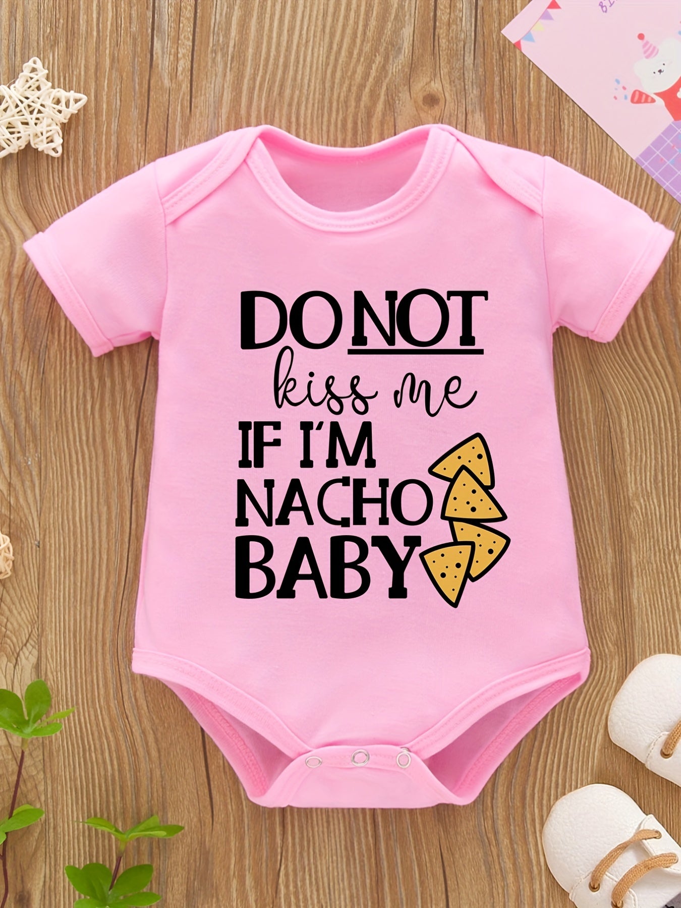 Baby Girls And Boys Casual Romper With Funny "Do Not Kiss Me If I'm Nacho Baby" Letter Graphics, Short Sleeve Onesie Clothes For Summer