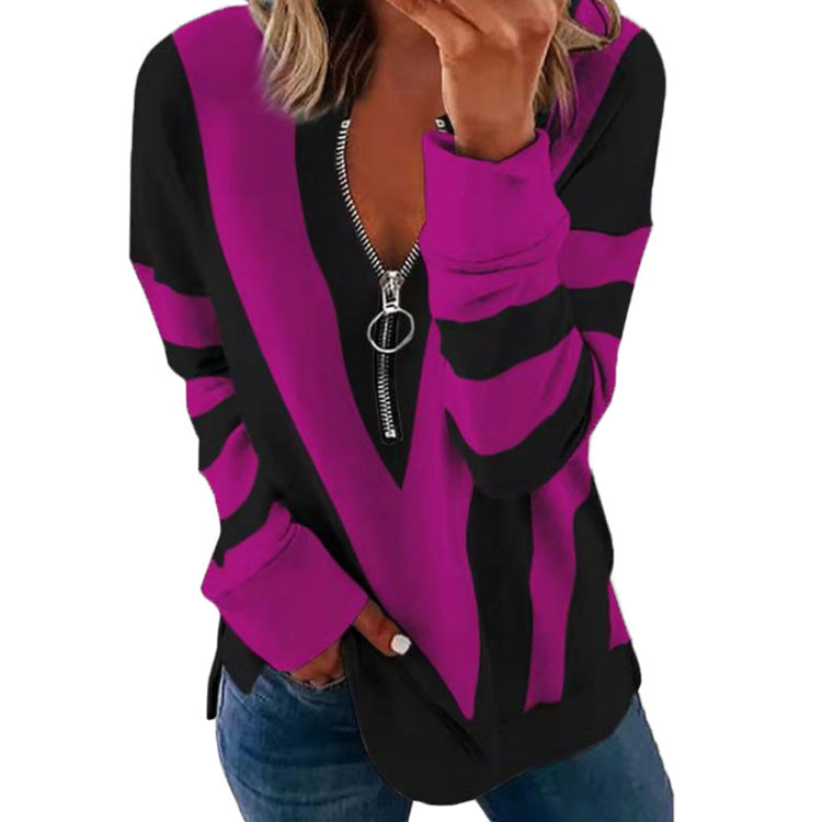 Temperament Chest Zipper V Printed Long Sleeve T-shirt