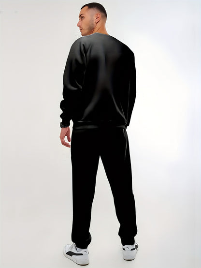 Plus Size Men's "King" & Crown Print Sweatshirt & Sweatpants Set For Fall Winter, Men's Clothing