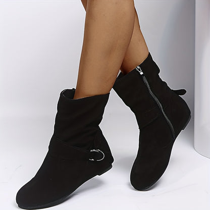 Women's Solid Color Ankle Boots, Round Toe Buckle Belt Side Zipper Boots, Comfortable Outdoor Shoes