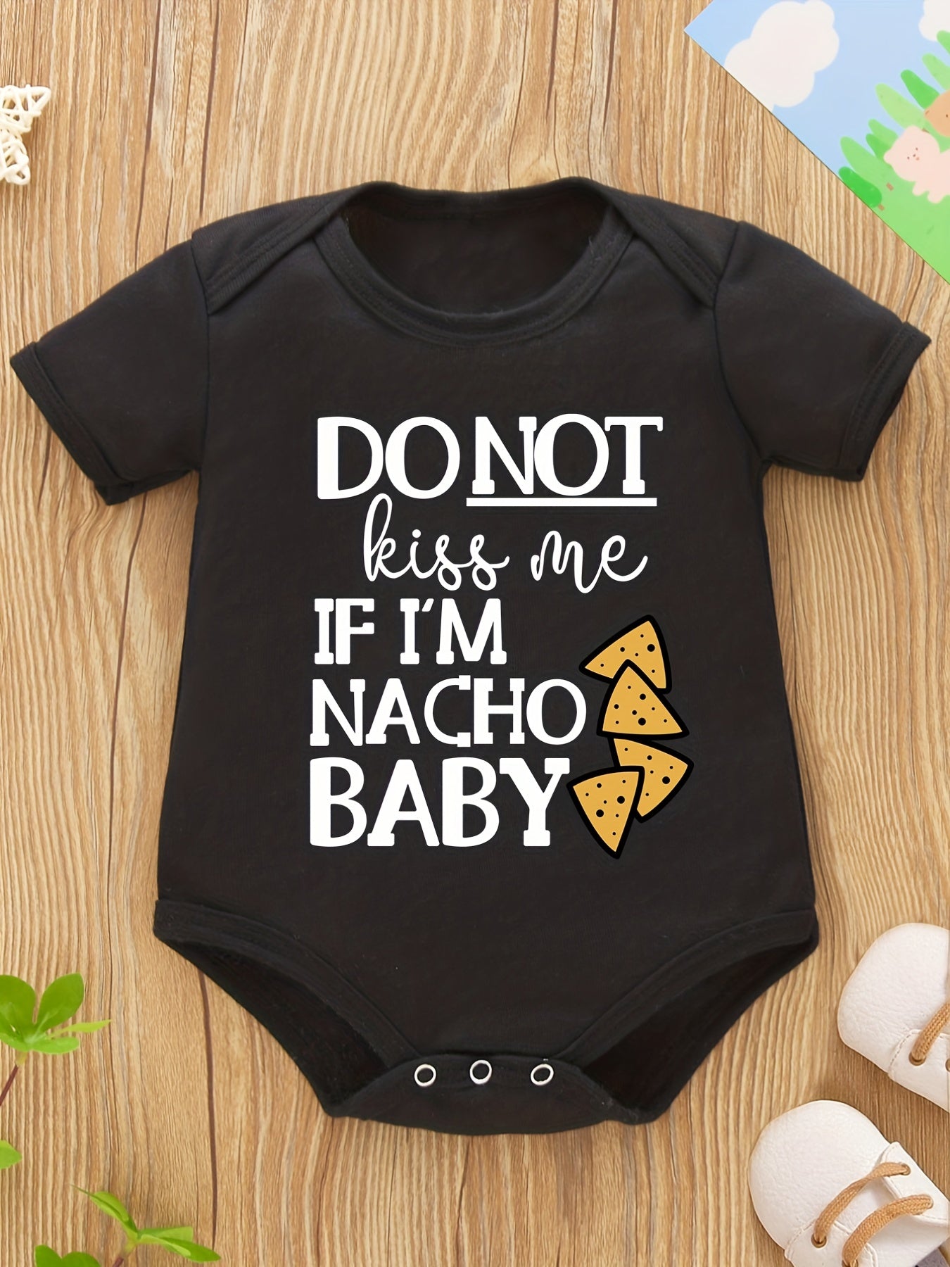 Baby Girls And Boys Casual Romper With Funny "Do Not Kiss Me If I'm Nacho Baby" Letter Graphics, Short Sleeve Onesie Clothes For Summer