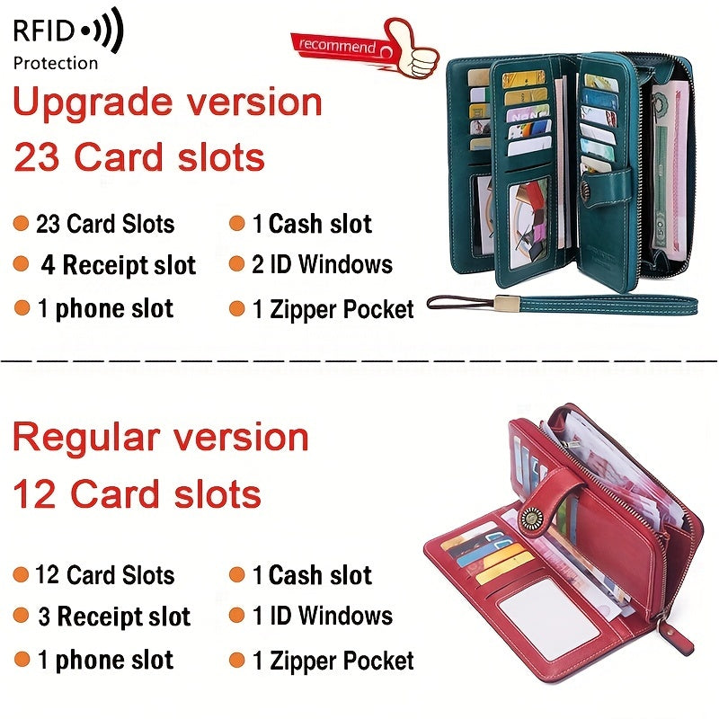 RFID Retro Large Capacity Long Wallet Multi-Functional Zipper Wallet with Wrist Strap