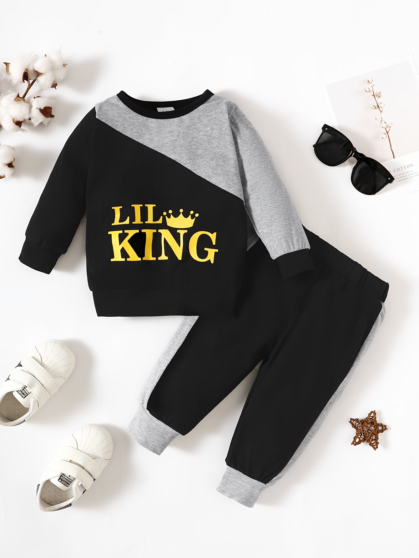 Baby Boys Trendy Contrast Color "LIL KING" Print Pullover Long Sleeve Sweatshirt & Pants Set, Kids Casual Clothes For Your Little One