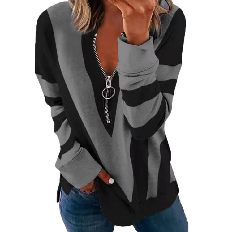 Temperament Chest Zipper V Printed Long Sleeve T-shirt