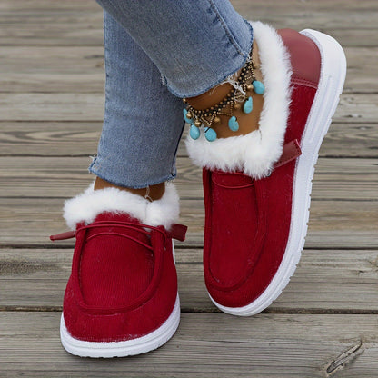 Women's Plush Lined Sneakers, Round Toe Slip On Low Top Flat Shoes, Winter Warm Outdoor Shoes